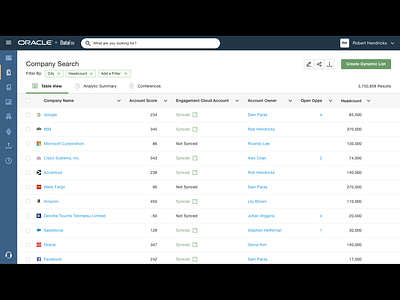 Company Search w/ Criteria Applied company crm data filters saved search search results table