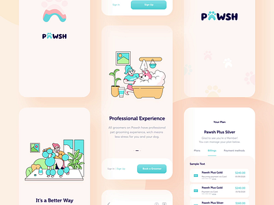 Pawsh // Mobile App All Screens app application blacklead colorful design digital product grooming illustraion interface mobile pet startup ui