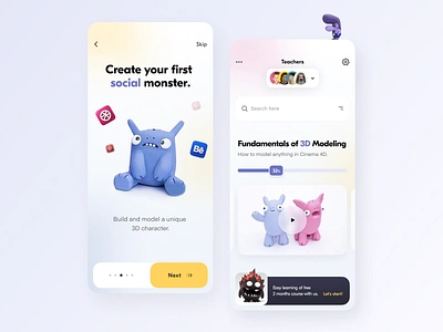 Monstero Workshop // Mobile App 3d app cinema4d clean education illustration learning learning app learning platform minimal mobile app mobile design modern monster study ui ux workshop