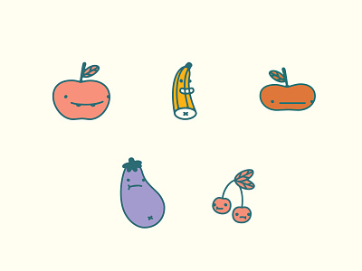 Cute Fruit apple banana cherry egglplant fruit fun icon icon design illustration peach