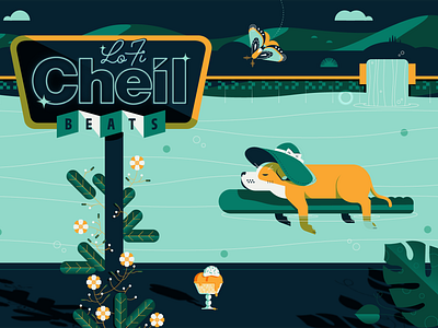 Lo Fi Cheil Beats animation beats chill design dog fall illustration lofi moth music neon plants pool pup puppy sign summer video vintage water