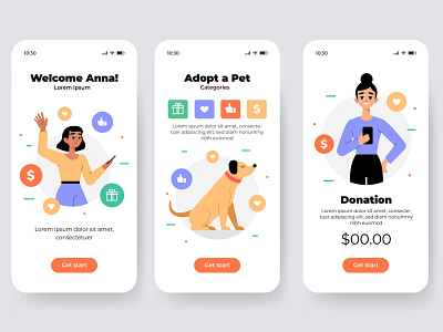 Charity-app-interface-screens android app design animation app branding design design systems flat graphic design icon illustration interaction design landing page logo minimal typography ui ux vector web website