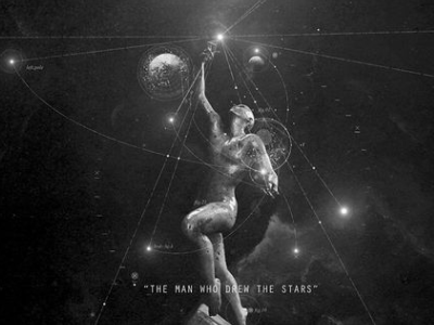 "The man who drew the stars" black darkness drew gray light man space stars statue white