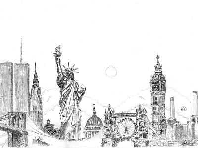 New York and London animals battersea power station big ben drawing london new york pencil skyline statue of liberty tower bridge twin towers