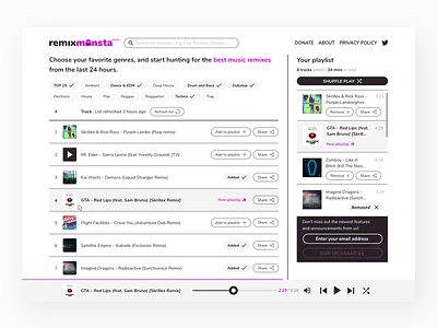 Remixmonsta - the freshest electronic music remixes flat minimal music player ui web