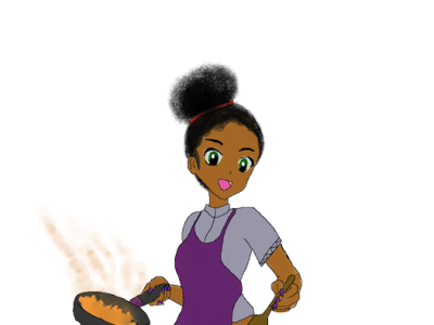 The cook 2d anime black girl black woman blackhair buns cheff cook cute digital art draw fries fun illustration inrozaria lifestyle morden painting pan teenage