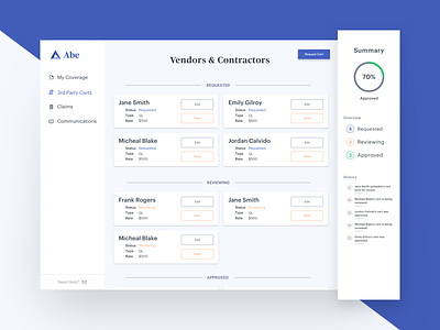 Abe Vendors & Contractors clean client dashboard digital product nav product sidebar ui ux