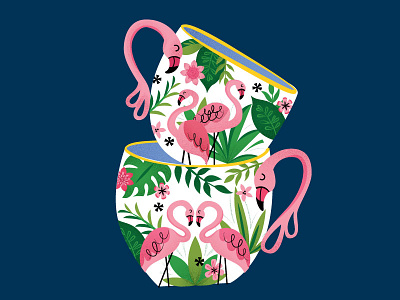 Flamingo Tea flamingo illustration mug palm leaves pink tea teacups tropical