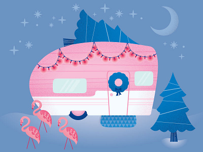 Christmas in a trailer christmas flamingos holiday illustration pink stars trailer vintage