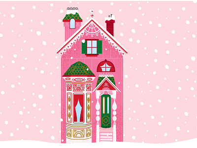Snowy Victorian house illustration pink san francisco snow victorian house
