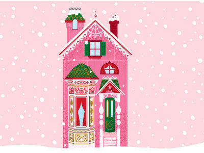 Snowy Victorian house illustration pink san francisco snow victorian house