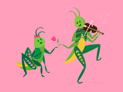Grasshopper Song & Dance bug grasshopper green illustration love bug pink vector