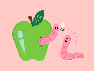 Apple Surprise apple couple cute green illustration love pink valentine worm
