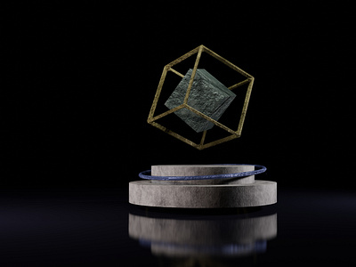 3D Golden Cube and Podium