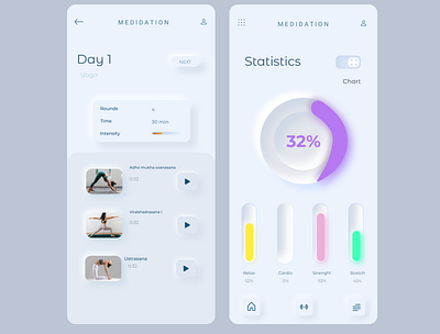 Meditation app UI , Soft Ui , Neumorphism design fitness meditation neumorphism soft softui ui ux yoga