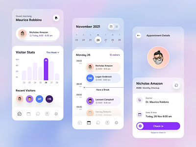Manage Appointments - more screens appointment booking appointments booking app calendar chart clean dashboard healthcare app hospital app ios app design manage booking app manage patient medical app minimal timeline ui design visitor web design