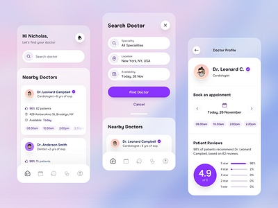 Find Doctor appointment booking appointments booking card chart clean dashboard doctor finder doctor profile find doctor ios app design map minimal navigation online consultation app patient app ratings review search doctor ui design