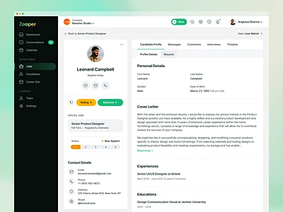 Recruiting Software - Candidate Detail Page application b2b clean crm dashboard green hr job kanban landing list management profile property remote saas software task tracking ui design