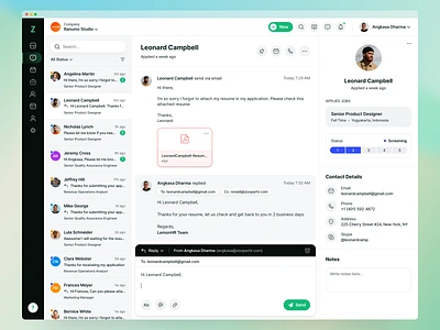 Recruiting Software - Conversations Page application branding chart chat chatting clean conversation dashboard email inbox job lead management messaging minimal product design telegram tracking ui design web app