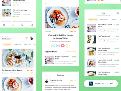 Freebie - Restaurant App UI Kit clean cook debut food freebies green minimal mobile app psd recipe restaurant