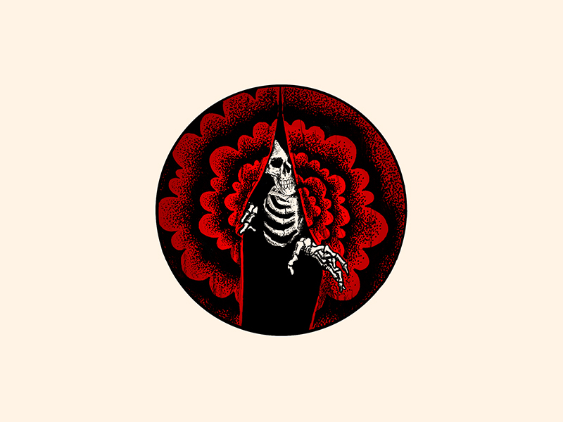 Hello from the other side curtain dot swirl hand illustration photoshop reach skeleton skull