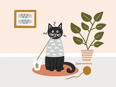 Zoomies black black cat cat illustration cats and coffee coffee cute illustration grey illustration pink plant illustration room illustration