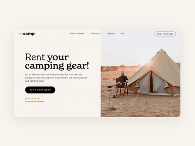 Website Hero beige branding camping earthy header hero hiking outdoor rent section serif typography webdesign webshop website