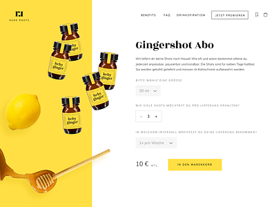 itchy ginger subscription product page ginger gingershot juice labeldesign onlineshop product product design productpage rude roots shop subscription website website concept website design yellow