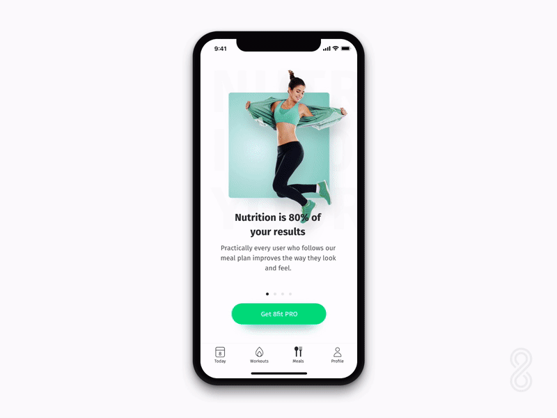 8fit PRO carousel 8fit animations fitness health lifestyle nutrition onboarding parallax principle swipe ui