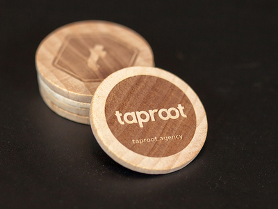 Taproot Coins agency brand coins design logo promotional taproot wood wooden