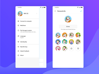 Mi Drop Side menu and Personal information app design menu design ui ux