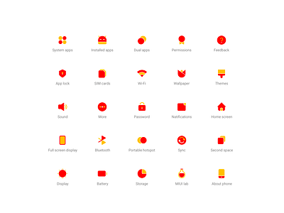 MIUI Settings icons Demo1 android app design feedback icon illustrations lock logo more natifications password permissions red sim cards sound themes ui wallpaper wi fi yellow