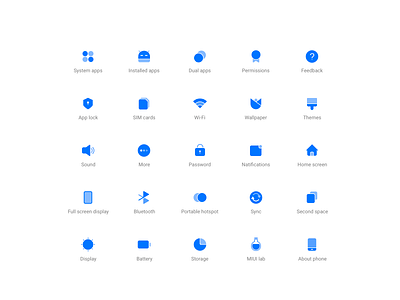 MIUI Settings icons Demo1 app battery black blue bluetooth design display full screen display home screen icon logo miui lab phone portable hotspot second space storage sync ui ux
