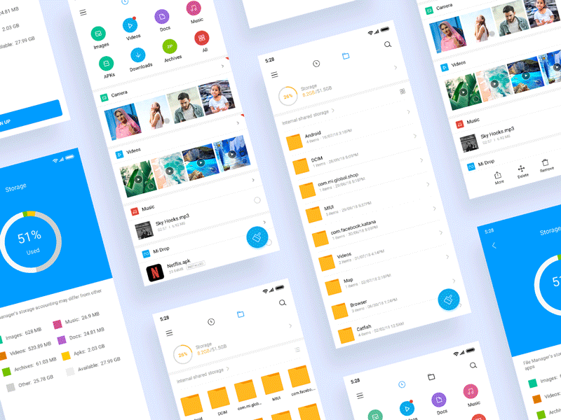 MI File Manager Dark Mode app black blue classification clean up data design edit file file manager folder icon light mode list night mode storage tool ui ux