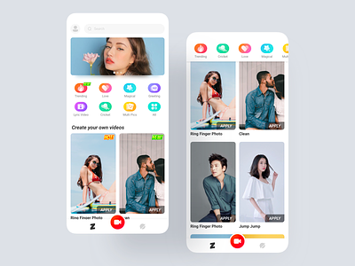 Zili Home page and after sliding app banner blue color design green home icon mv puzzle video red shooting short video ui ux video