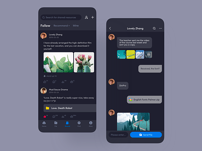 Network disk resource private sharing app balck blue bubble chat dark mode deep design direct play disk icon individual message private publicity resource sharing ui ux