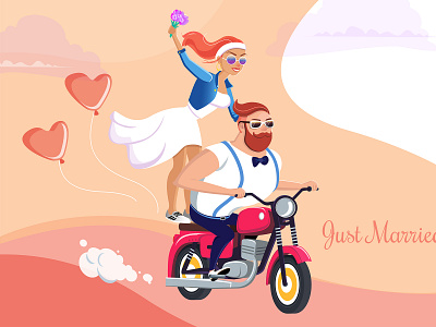 Wedding motorcycle character design cute design flat illustration girl character illustration love man character married spring vector