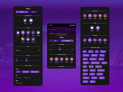 LAZY app filters app branding design event filters gradient illustration leasure mobile night party purple relax ui