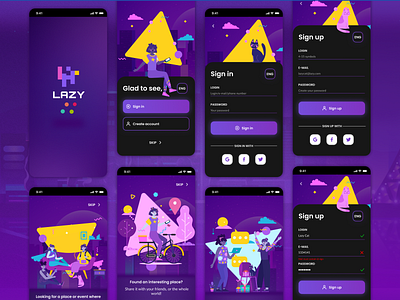 LAZY app sign up/in app branding design event illustration mobile night onboarding party purple relax search sign in sign up ui ux vector