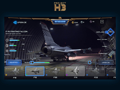 "Project H3" Upgrade menu UI airbase aviation design game graphic design illustration pilots ui