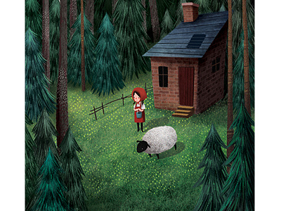 Illustration forest girl house sheep tiny