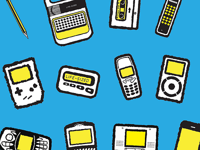 Handheld Heroes. apple blackberry clothing brand dynatac gadgets gameboy handheld illustration iphone ipod mobile devices motorola ngage nintendo nokia pencil sony speak and spell walkman