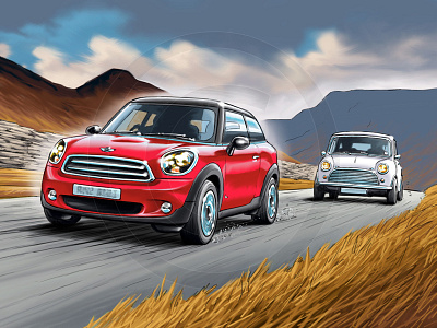 Mini Evolution auto automotive cars classic digital fast illustration mini retro speed transport weather