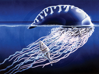 Portuguese Man O War acrylics airbrush art blue fish illustration jellyfish oceans portuguese sea life wildlife