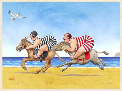 Vintage Postcard art beach british donkeys fun humour illustration postcard race retro vintage