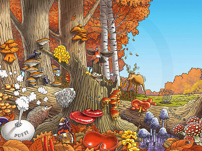 Rotton Wood Mouldy Wood animals art autumn digital fall fungi hedgehog illustration mushrooms trees wildlife woods