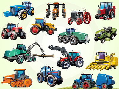 Tractors agriculture art automotive digital farming forestry illustration loader tractor transport vehicles