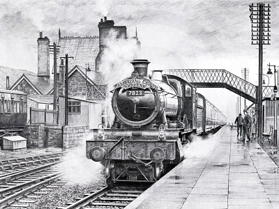 Rail Reflections 1960s art graphite gwr illustration pencil railways retro steam trains vintage wales