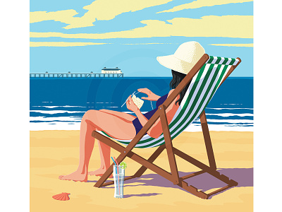 On The Beach beach deckchair flat colour holidays illustration lifestyle pier retro poster vintage
