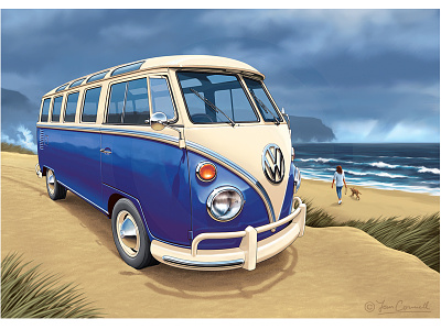 Walking The Dog automotive beach classic vehicles cornwall dunes illustration retro vintage vwbus vwcamper vwvan